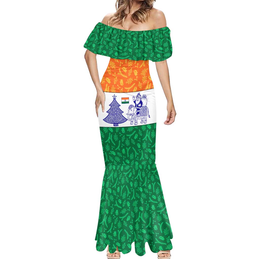 India Christmas Mermaid Dress with Elephant Santa Tree Design and Tricolor Holiday Pattern - Wonder Print Shop