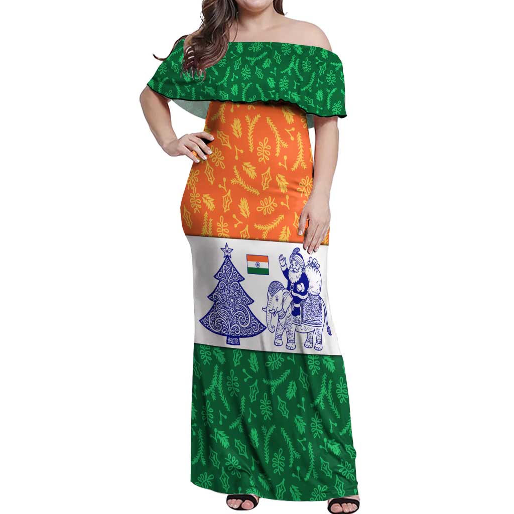 India Christmas Off Shoulder Maxi Dress with Elephant Santa Tree Design and Tricolor Holiday Pattern - Wonder Print Shop
