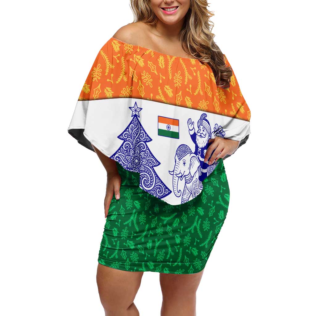 India Christmas Off Shoulder Short Dress with Elephant Santa Tree Design and Tricolor Holiday Pattern - Wonder Print Shop