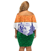 India Christmas Off Shoulder Short Dress with Elephant Santa Tree Design and Tricolor Holiday Pattern - Wonder Print Shop
