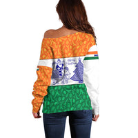 India Christmas Off Shoulder Sweater with Elephant Santa Tree Design and Tricolor Holiday Pattern - Wonder Print Shop