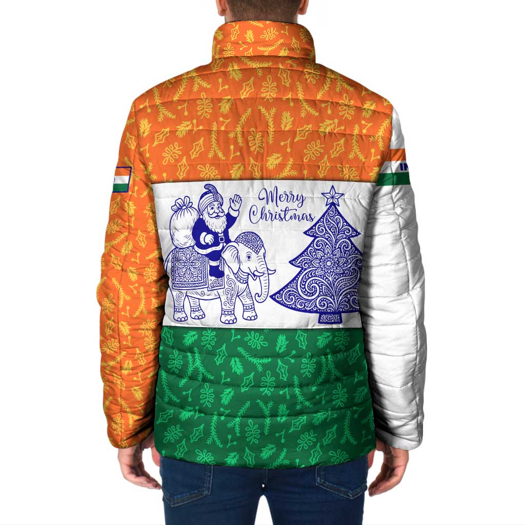 India Christmas Padded Jacket with Elephant Santa Tree Design and Tricolor Holiday Pattern - Wonder Print Shop