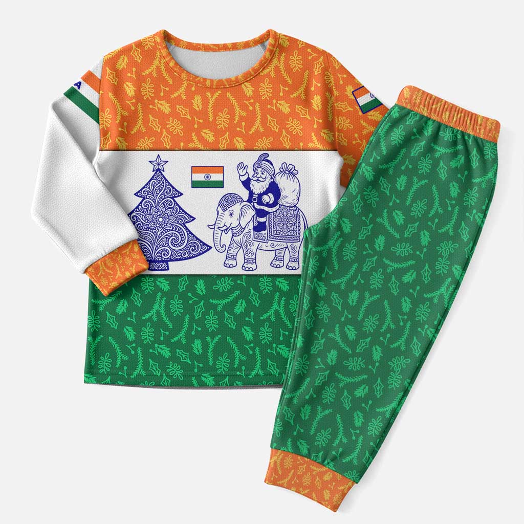 India Christmas Pajama Set with Elephant Santa Tree Design and Tricolor Holiday Pattern - Wonder Print Shop