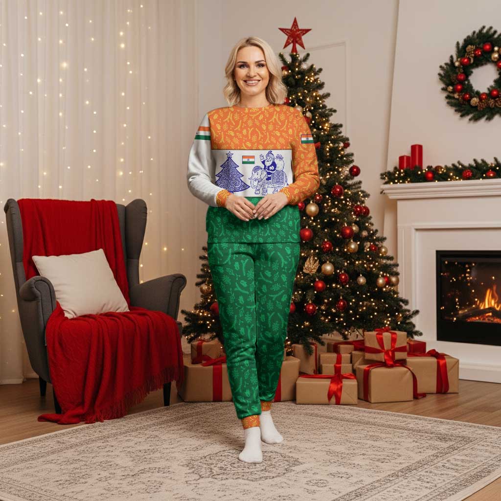 India Christmas Pajama Set with Elephant Santa Tree Design and Tricolor Holiday Pattern - Wonder Print Shop