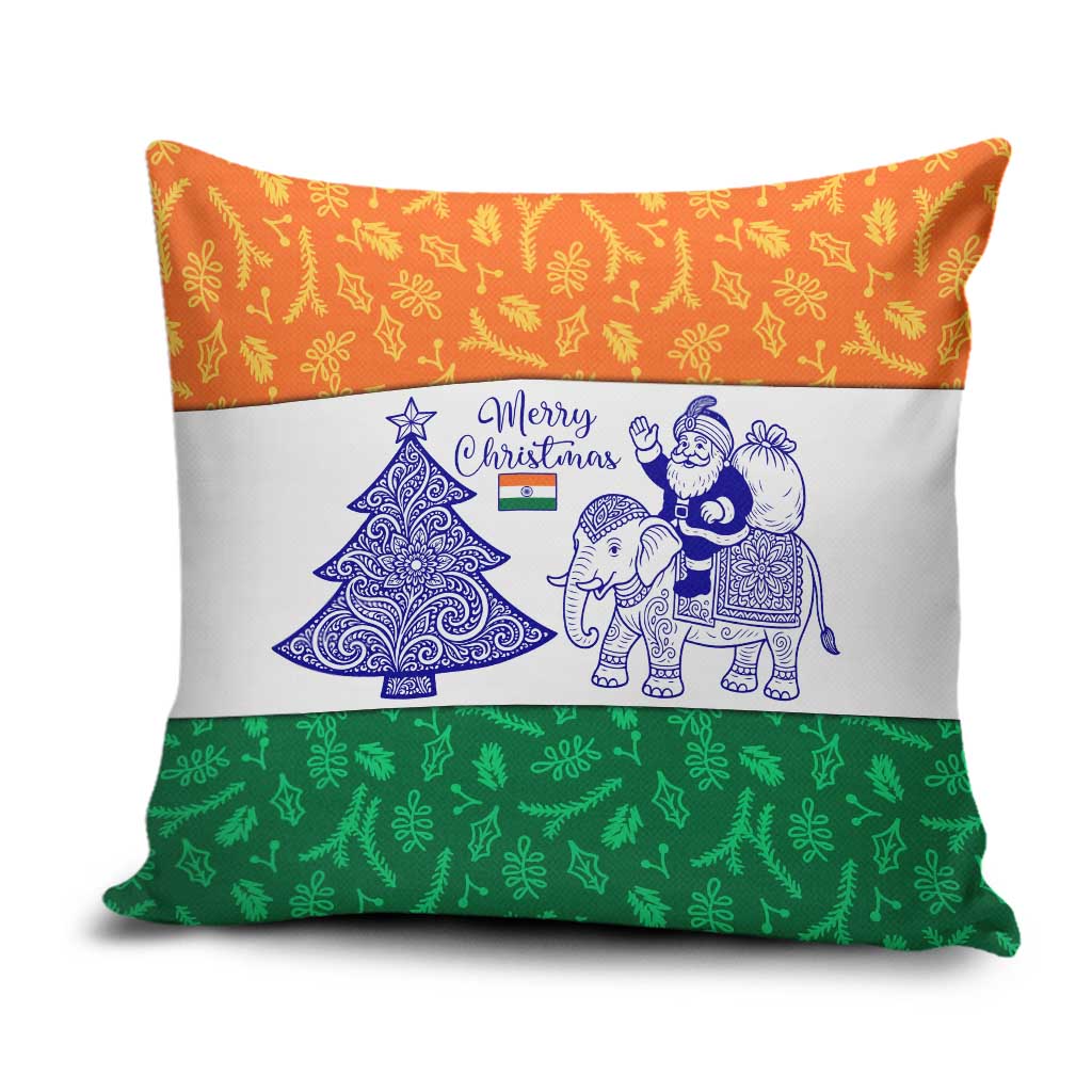 India Christmas Pillow Cover with Elephant Santa Tree Design and Tricolor Holiday Pattern - Wonder Print Shop