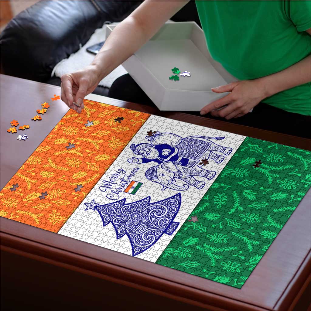 India Christmas Puzzle with Elephant Santa Tree Design and Tricolor Holiday Pattern - Wonder Print Shop
