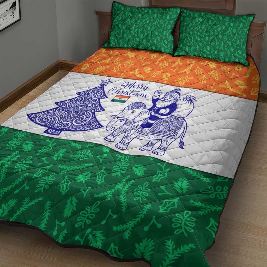 India Christmas Quilt Bed Set with Elephant Santa Tree Design and Tricolor Holiday Pattern - Wonder Print Shop