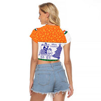 India Christmas Raglan Cropped T Shirt with Elephant Santa Tree Design and Tricolor Holiday Pattern - Wonder Print Shop