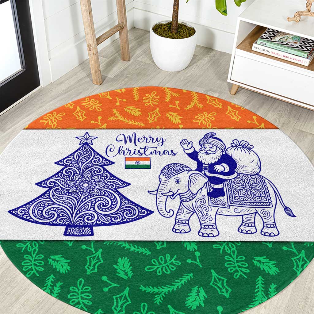 India Christmas Round Carpet with Elephant Santa Tree Design and Tricolor Holiday Pattern - Wonder Print Shop