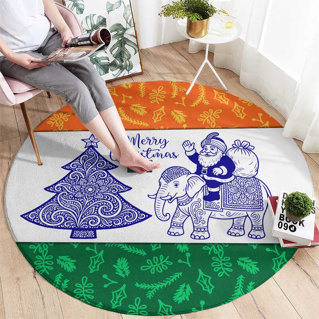 India Christmas Round Carpet with Elephant Santa Tree Design and Tricolor Holiday Pattern - Wonder Print Shop