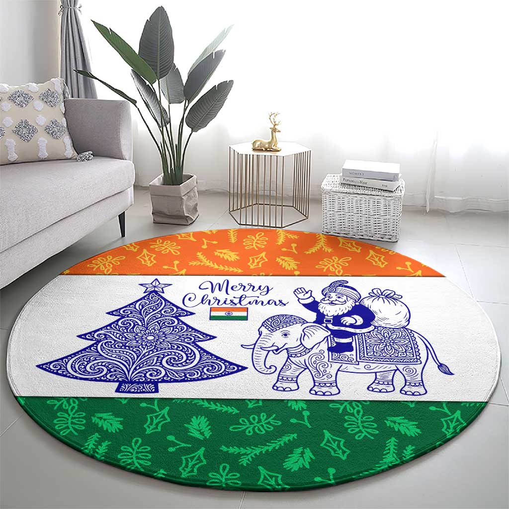 India Christmas Round Carpet with Elephant Santa Tree Design and Tricolor Holiday Pattern - Wonder Print Shop