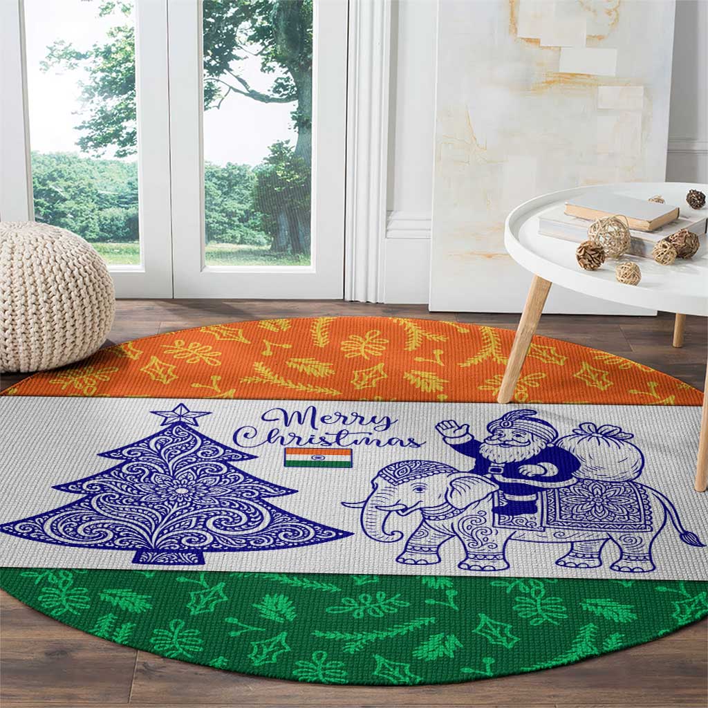 India Christmas Round Carpet with Elephant Santa Tree Design and Tricolor Holiday Pattern - Wonder Print Shop