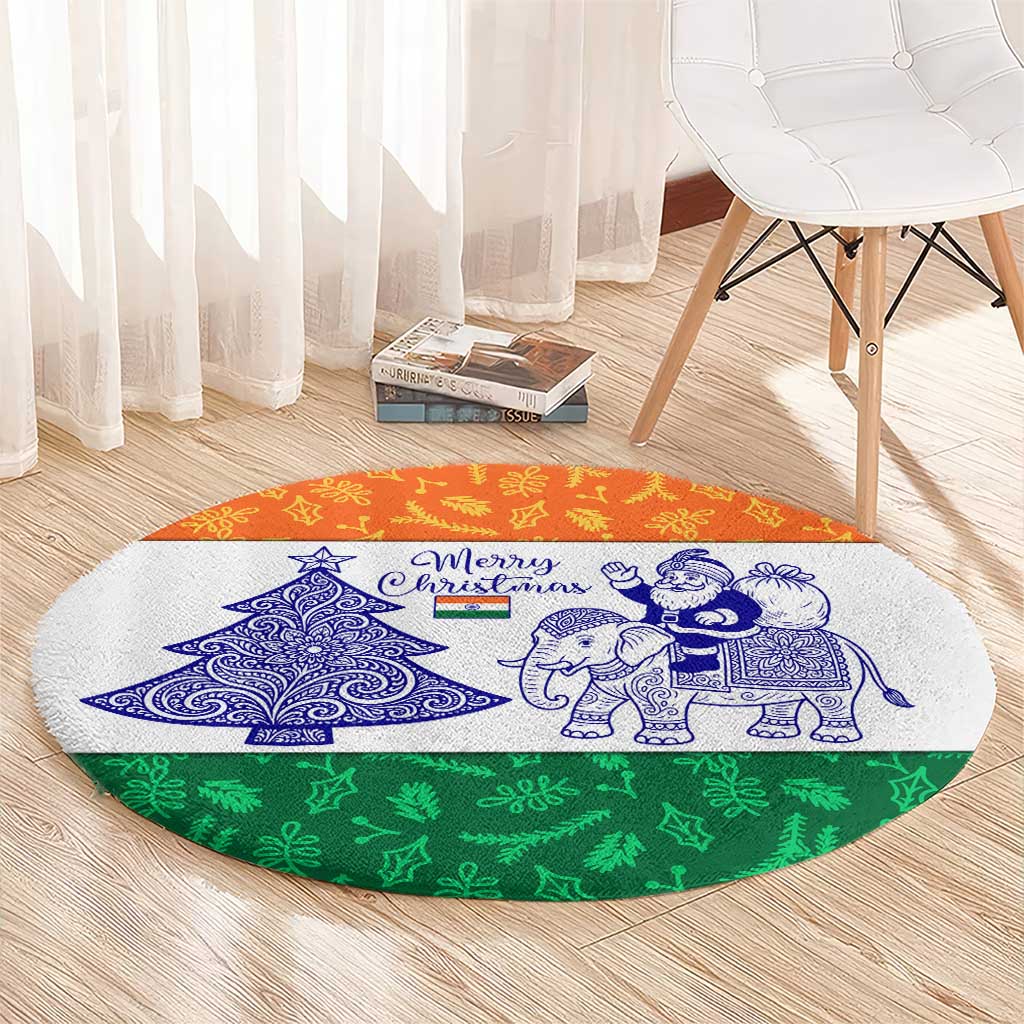 India Christmas Round Carpet with Elephant Santa Tree Design and Tricolor Holiday Pattern - Wonder Print Shop