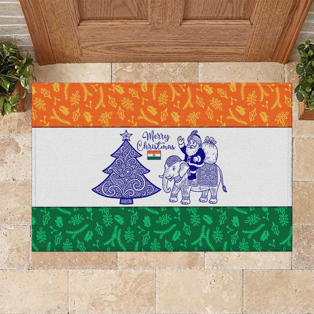India Christmas Rubber Doormat with Elephant Santa Tree Design and Tricolor Holiday Pattern - Wonder Print Shop