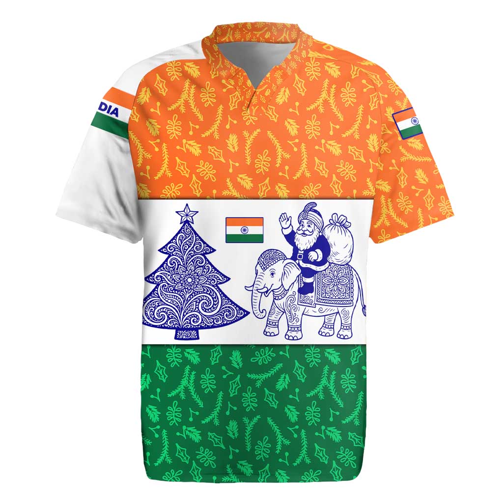 India Christmas Rugby Jersey with Elephant Santa Tree Design and Tricolor Holiday Pattern - Wonder Print Shop