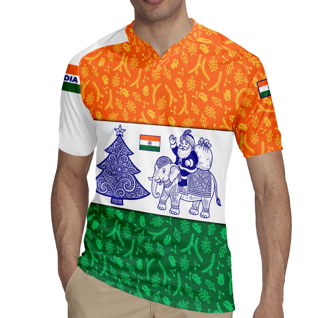 India Christmas Rugby Jersey with Elephant Santa Tree Design and Tricolor Holiday Pattern - Wonder Print Shop