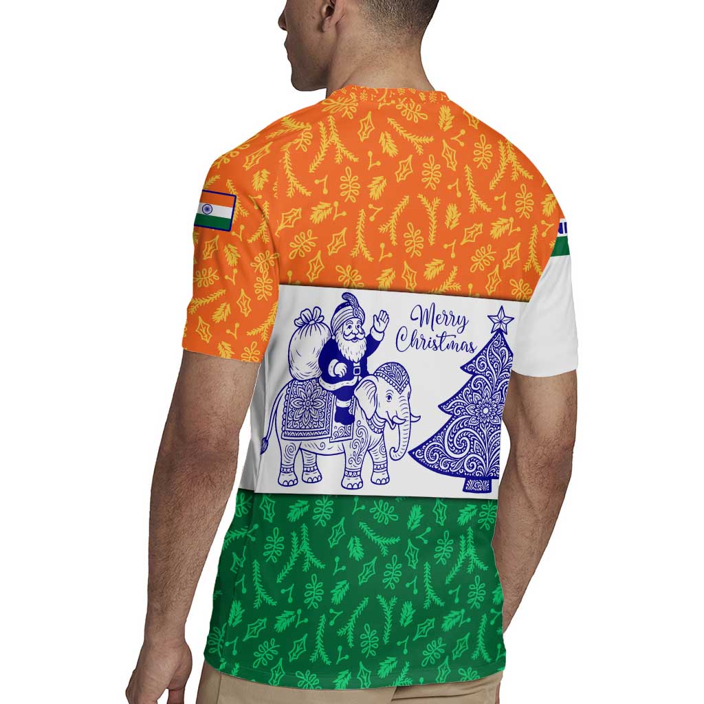 India Christmas Rugby Jersey with Elephant Santa Tree Design and Tricolor Holiday Pattern - Wonder Print Shop