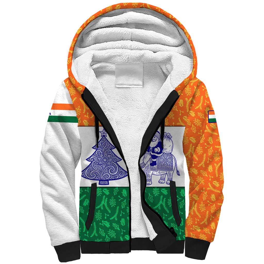 India Christmas Sherpa Hoodie with Elephant Santa Tree Design and Tricolor Holiday Pattern - Wonder Print Shop
