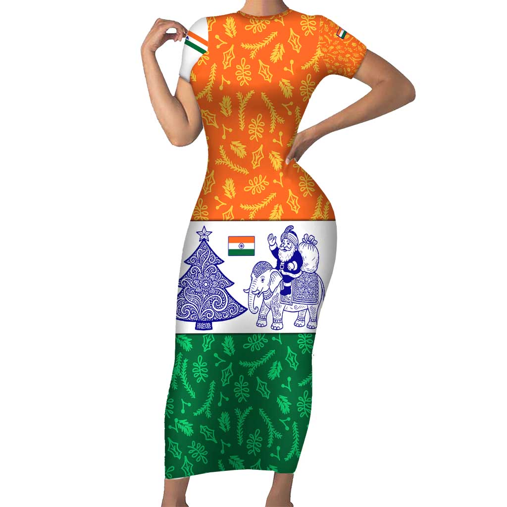 India Christmas Short Sleeve Bodycon Dress with Elephant Santa Tree Design and Tricolor Holiday Pattern - Wonder Print Shop
