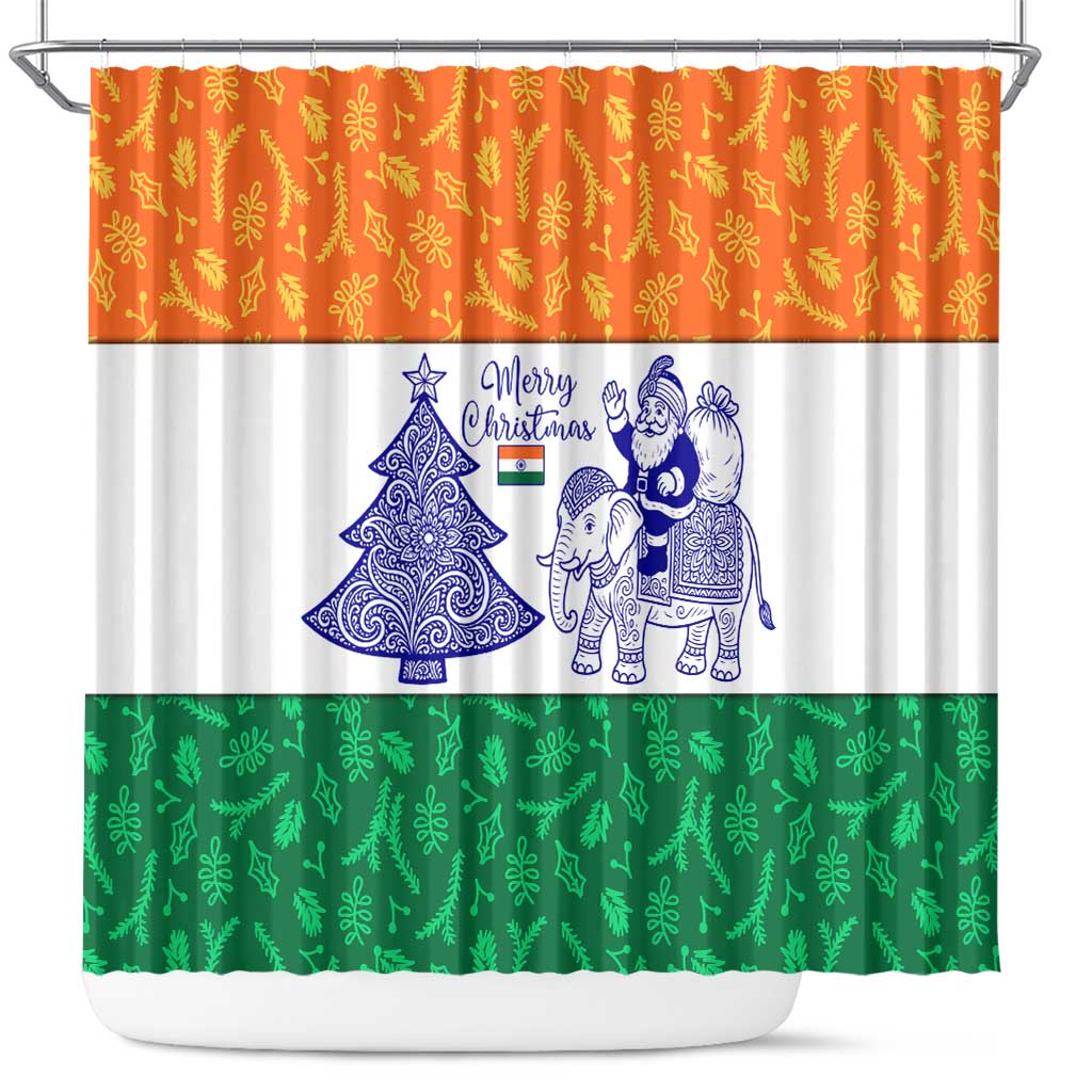 India Christmas Shower Curtain with Elephant Santa Tree Design and Tricolor Holiday Pattern - Wonder Print Shop
