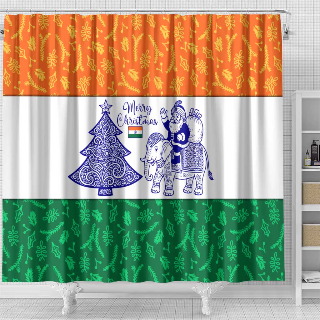 India Christmas Shower Curtain with Elephant Santa Tree Design and Tricolor Holiday Pattern - Wonder Print Shop