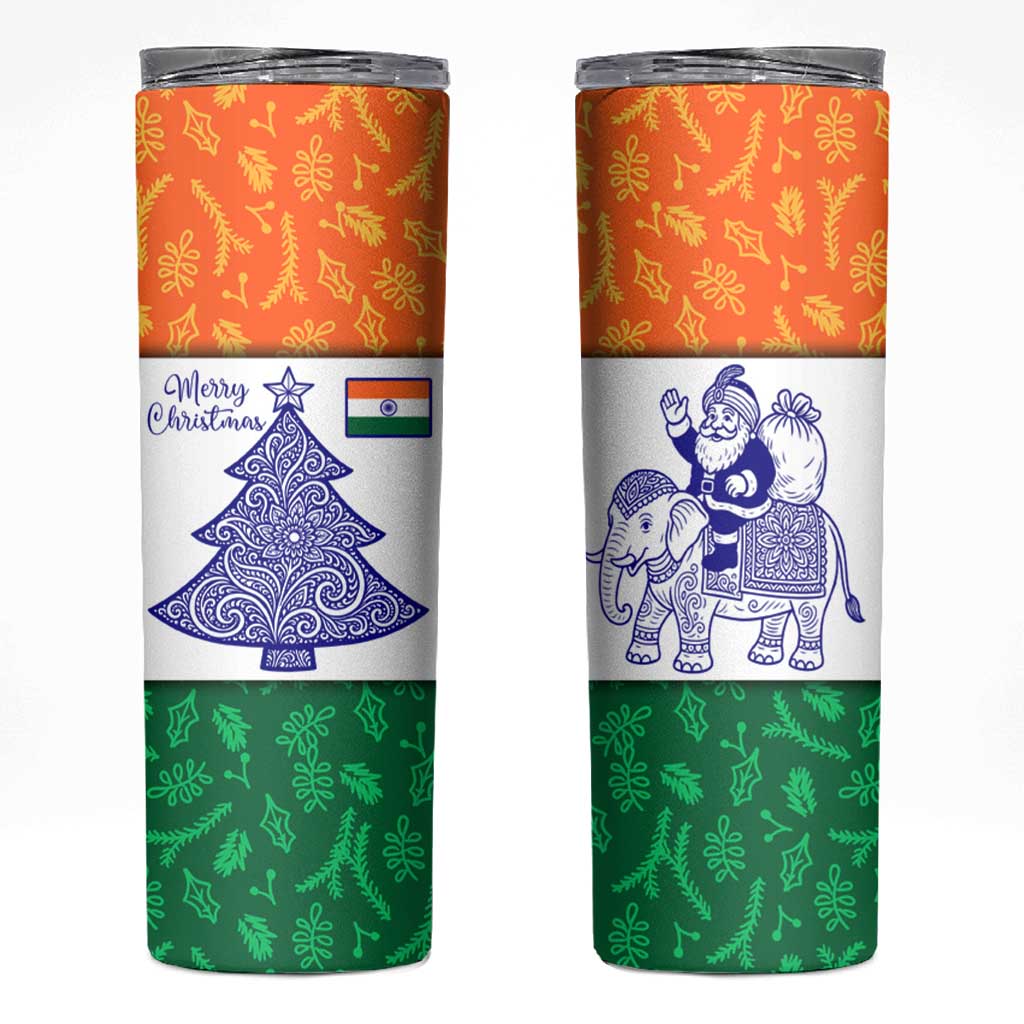 India Christmas Skinny Tumbler with Elephant Santa Tree Design and Tricolor Holiday Pattern - Wonder Print Shop