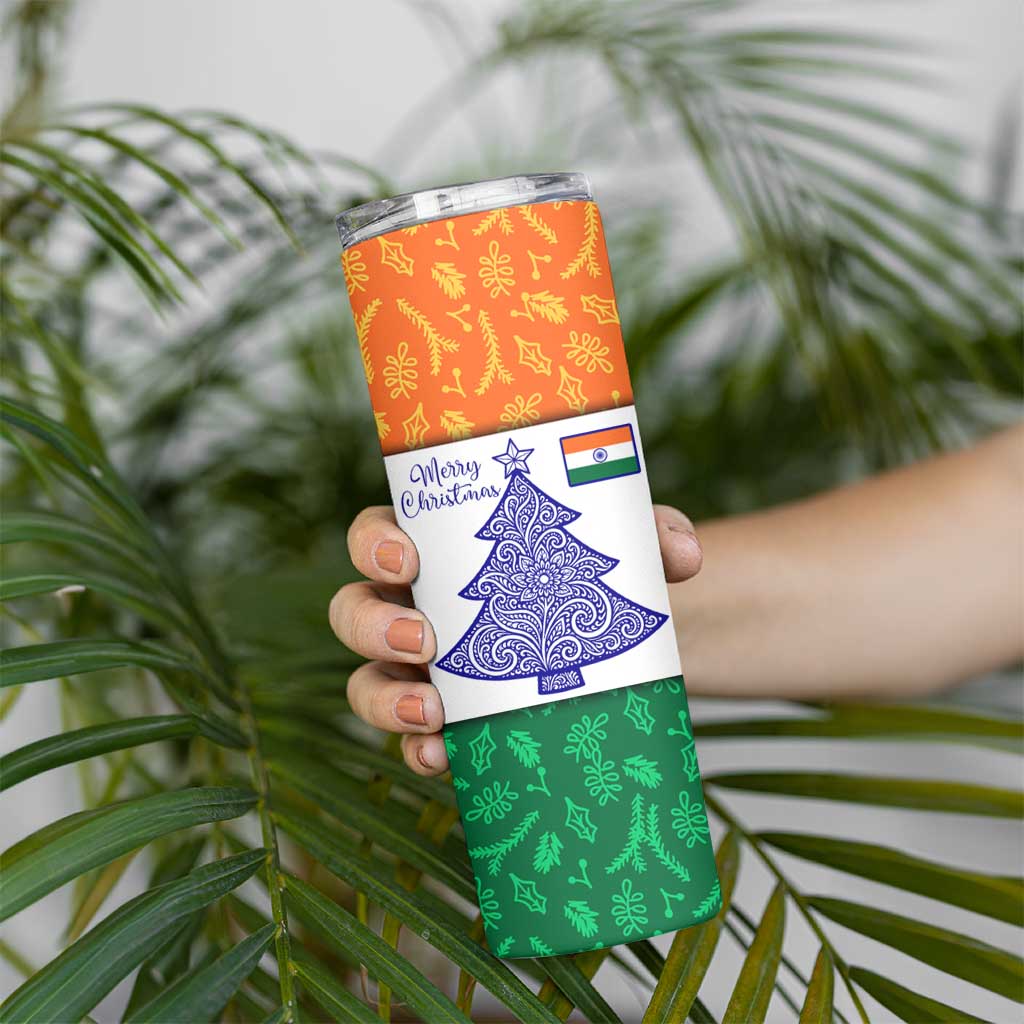 India Christmas Skinny Tumbler with Elephant Santa Tree Design and Tricolor Holiday Pattern - Wonder Print Shop