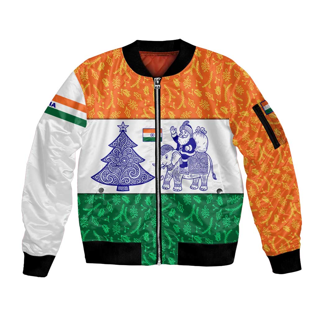 India Christmas Sleeve Zip Bomber Jacket with Elephant Santa Tree Design and Tricolor Holiday Pattern - Wonder Print Shop