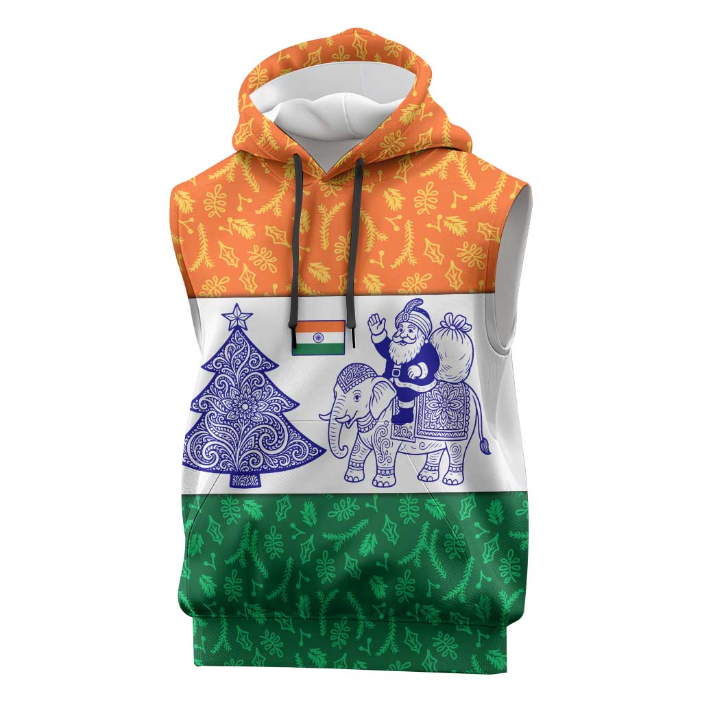 India Christmas Sleeveless Hoodie with Elephant Santa Tree Design and Tricolor Holiday Pattern - Wonder Print Shop