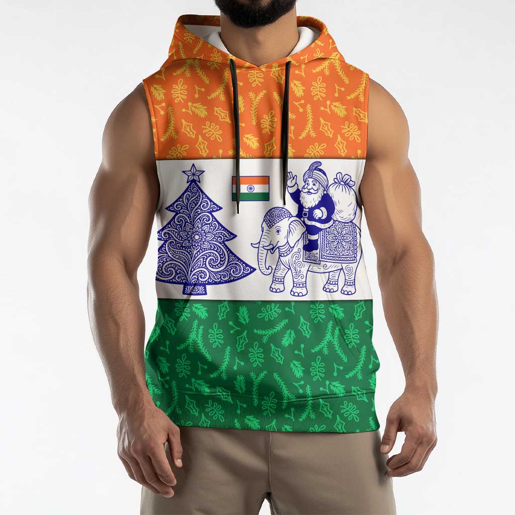 India Christmas Sleeveless Hoodie with Elephant Santa Tree Design and Tricolor Holiday Pattern - Wonder Print Shop