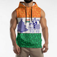 India Christmas Sleeveless Hoodie with Elephant Santa Tree Design and Tricolor Holiday Pattern - Wonder Print Shop