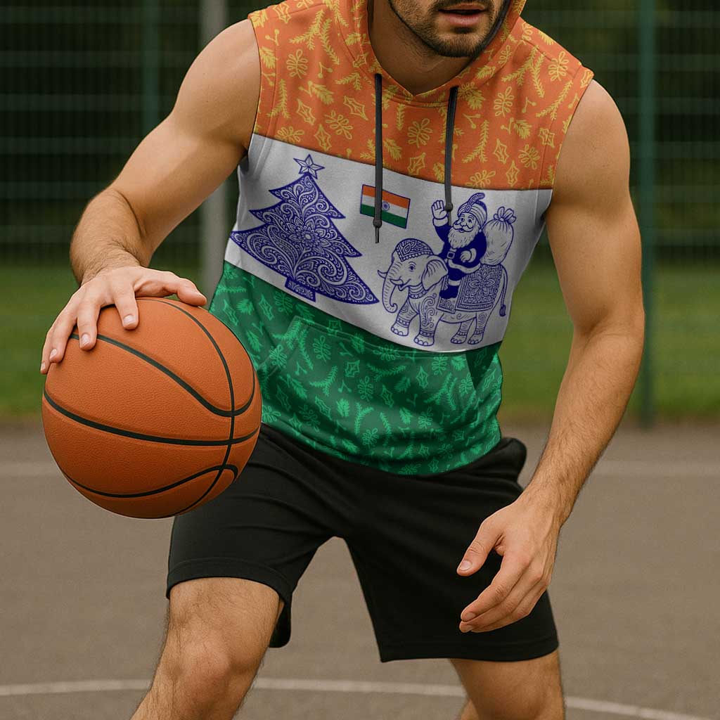 India Christmas Sleeveless Hoodie with Elephant Santa Tree Design and Tricolor Holiday Pattern - Wonder Print Shop