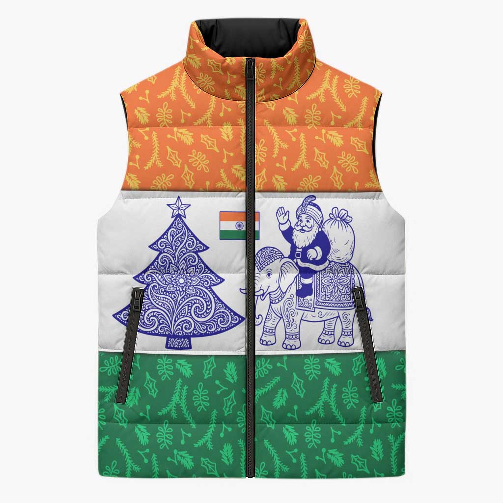 India Christmas Sleeveless Puffer Jacket with Elephant Santa Tree Design and Tricolor Holiday Pattern - Wonder Print Shop