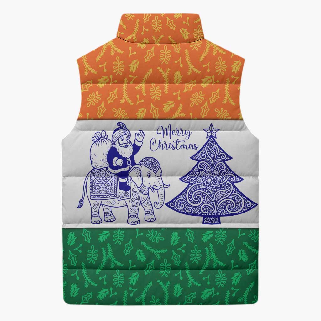 India Christmas Sleeveless Puffer Jacket with Elephant Santa Tree Design and Tricolor Holiday Pattern - Wonder Print Shop