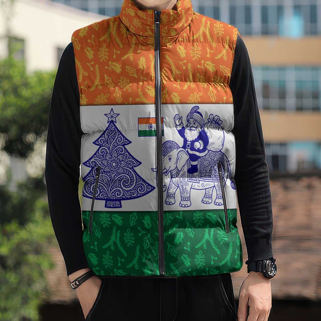 India Christmas Sleeveless Puffer Jacket with Elephant Santa Tree Design and Tricolor Holiday Pattern - Wonder Print Shop