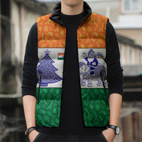 India Christmas Sleeveless Puffer Jacket with Elephant Santa Tree Design and Tricolor Holiday Pattern - Wonder Print Shop