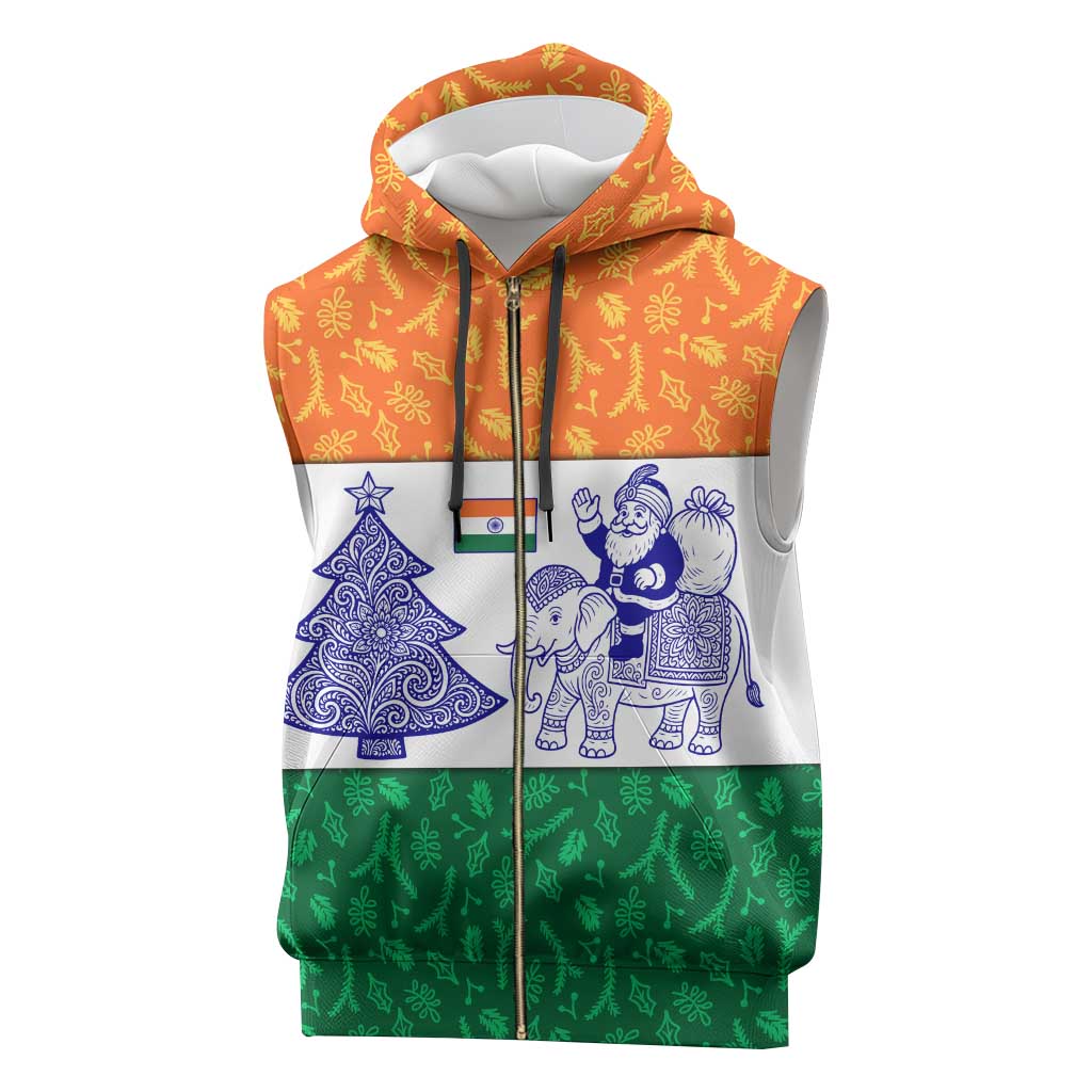 India Christmas Sleeveless Zip Hoodie with Elephant Santa Tree Design and Tricolor Holiday Pattern - Wonder Print Shop