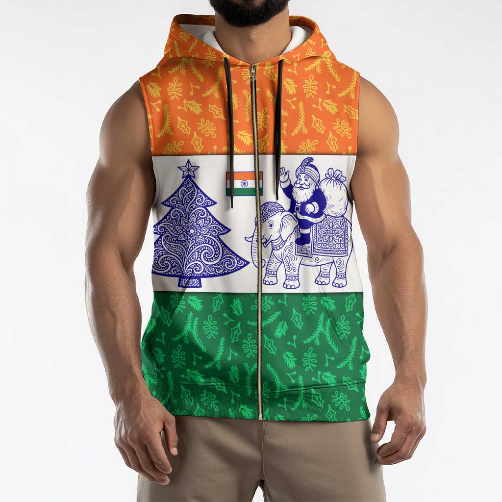 India Christmas Sleeveless Zip Hoodie with Elephant Santa Tree Design and Tricolor Holiday Pattern - Wonder Print Shop