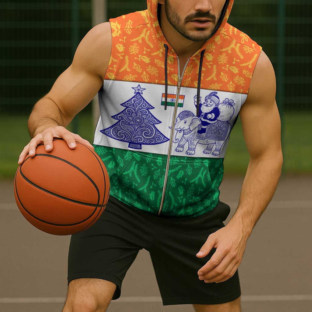 India Christmas Sleeveless Zip Hoodie with Elephant Santa Tree Design and Tricolor Holiday Pattern - Wonder Print Shop