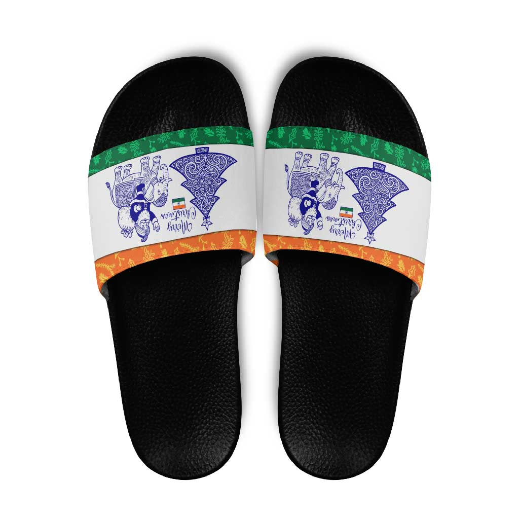India Christmas Slide Sandals with Elephant Santa Tree Design and Tricolor Holiday Pattern - Wonder Print Shop