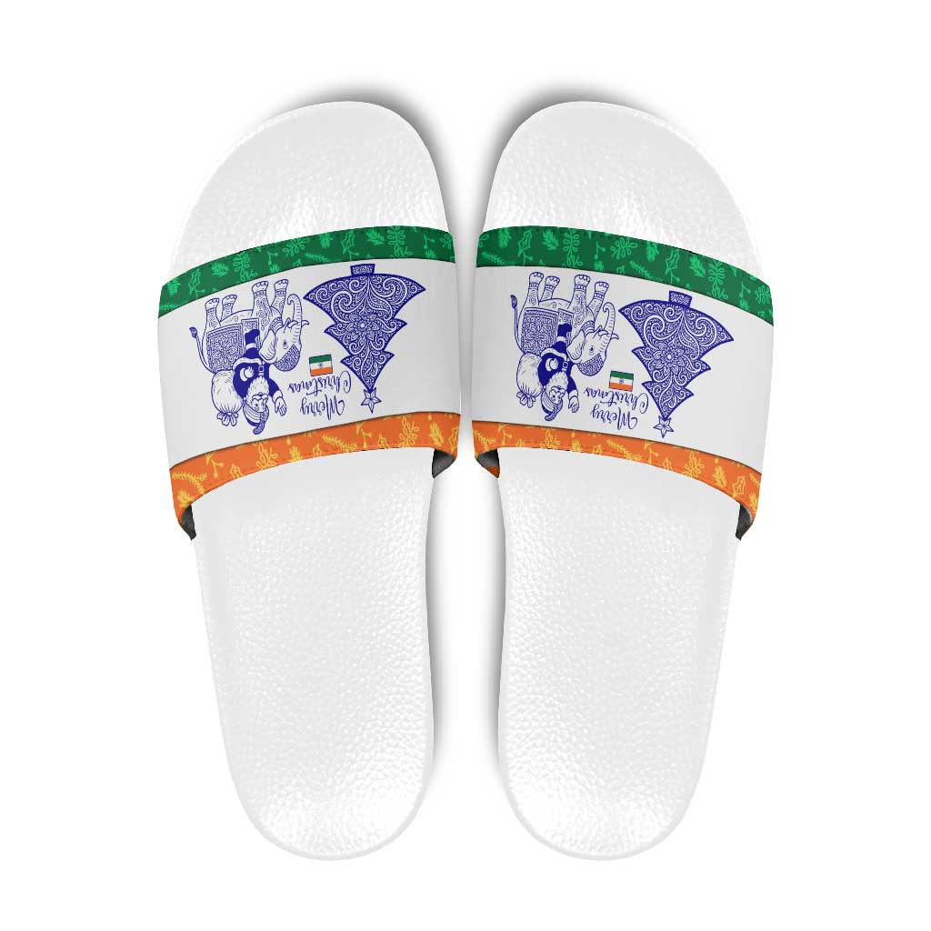 India Christmas Slide Sandals with Elephant Santa Tree Design and Tricolor Holiday Pattern - Wonder Print Shop