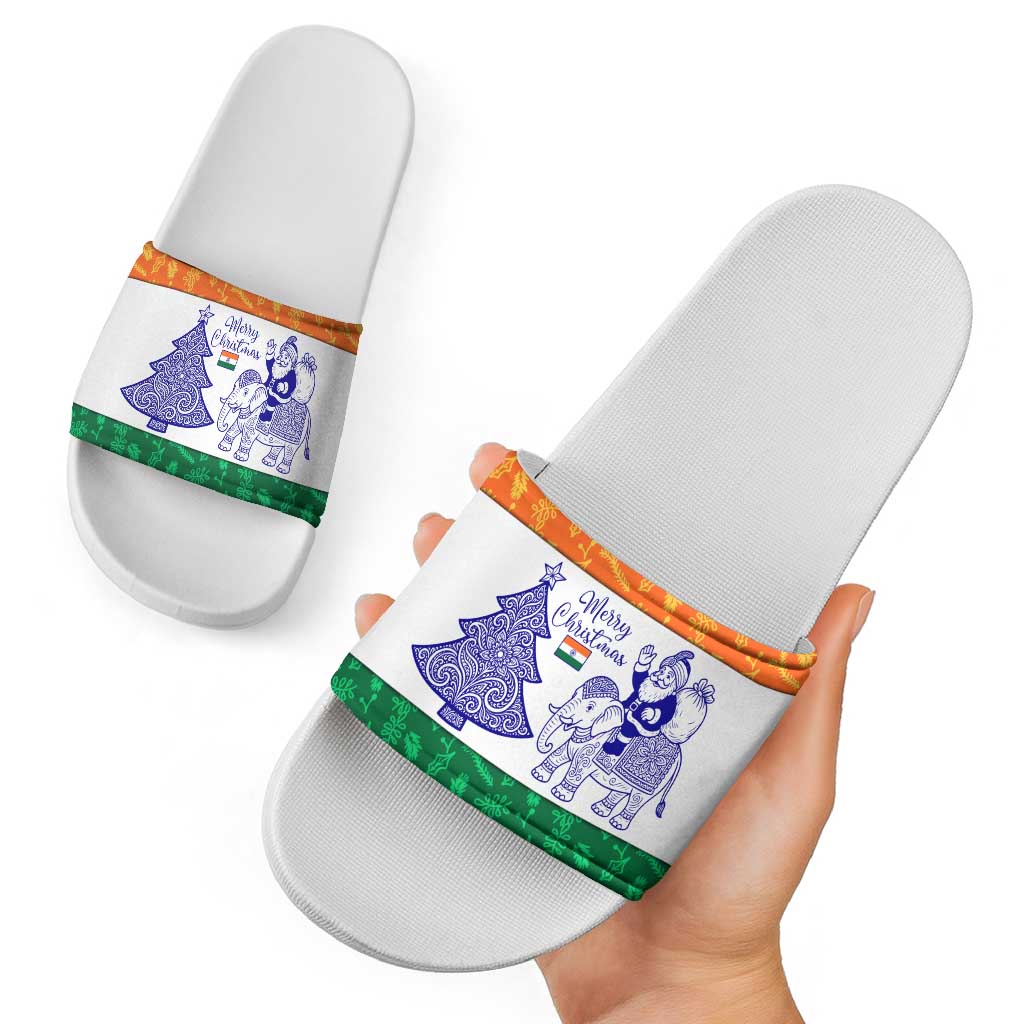 India Christmas Slide Sandals with Elephant Santa Tree Design and Tricolor Holiday Pattern - Wonder Print Shop