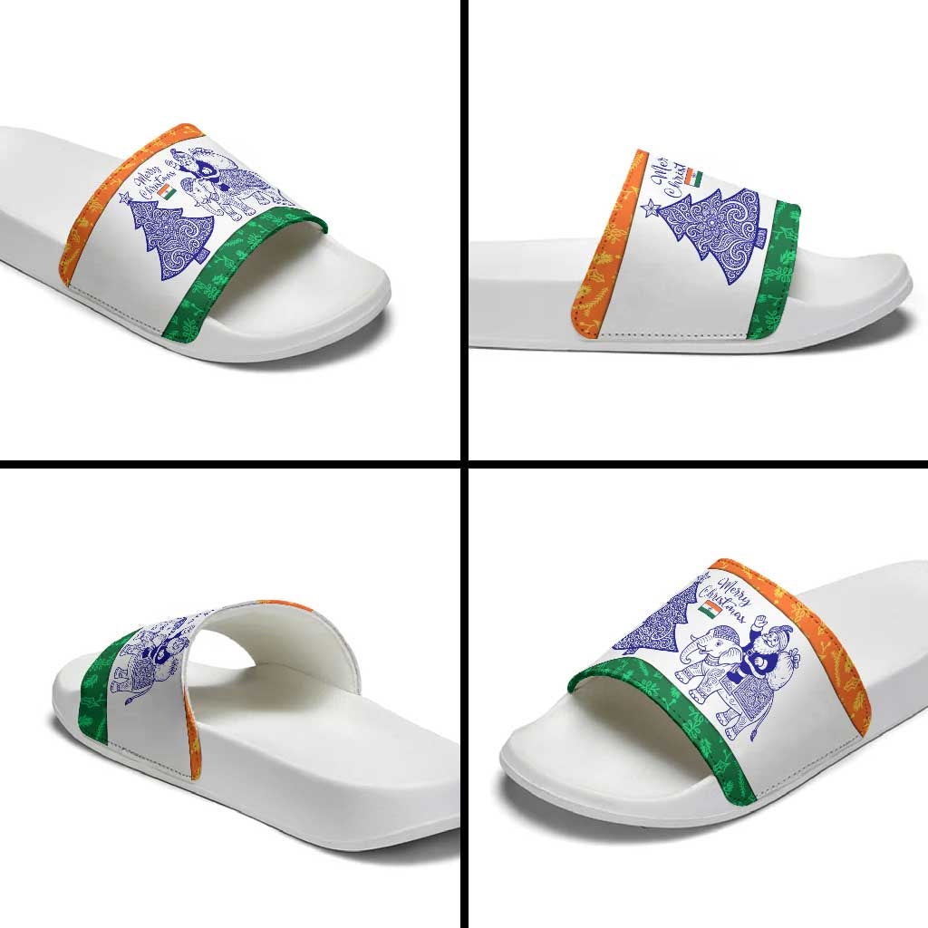 India Christmas Slide Sandals with Elephant Santa Tree Design and Tricolor Holiday Pattern - Wonder Print Shop