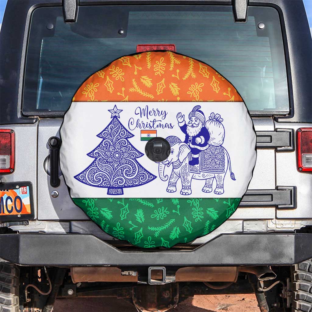 India Christmas Spare Tire Cover with Elephant Santa Tree Design and Tricolor Holiday Pattern - Wonder Print Shop