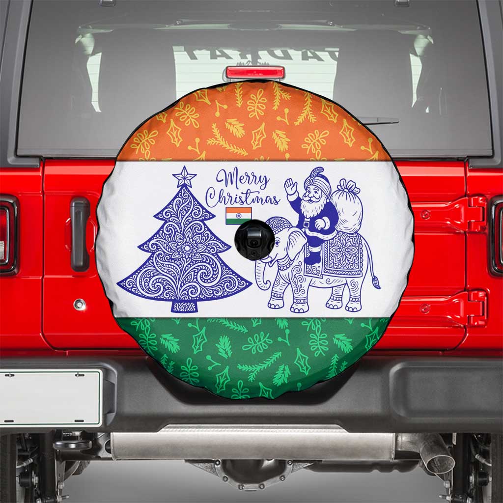 India Christmas Spare Tire Cover with Elephant Santa Tree Design and Tricolor Holiday Pattern - Wonder Print Shop