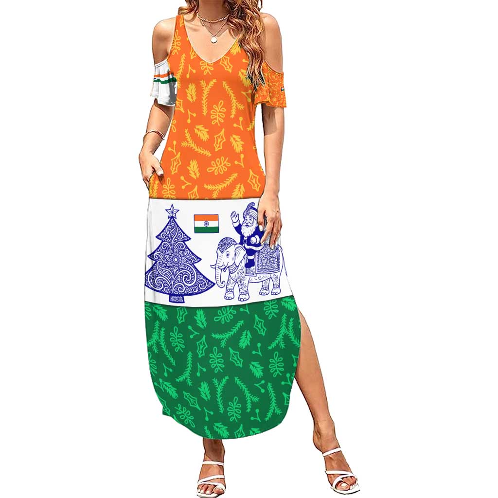 India Christmas Summer Maxi Dress with Elephant Santa Tree Design and Tricolor Holiday Pattern - Wonder Print Shop
