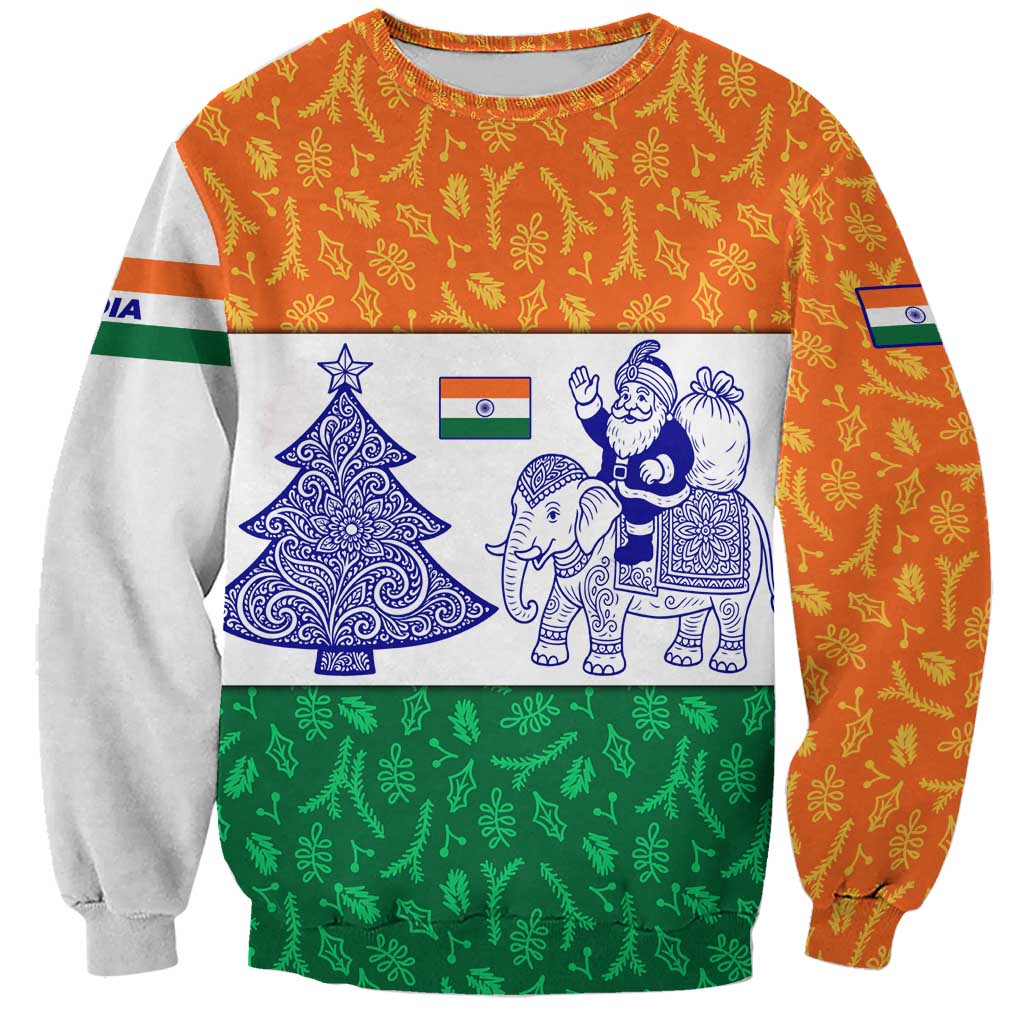 India Christmas Sweatshirt with Elephant Santa Tree Design and Tricolor Holiday Pattern - Wonder Print Shop