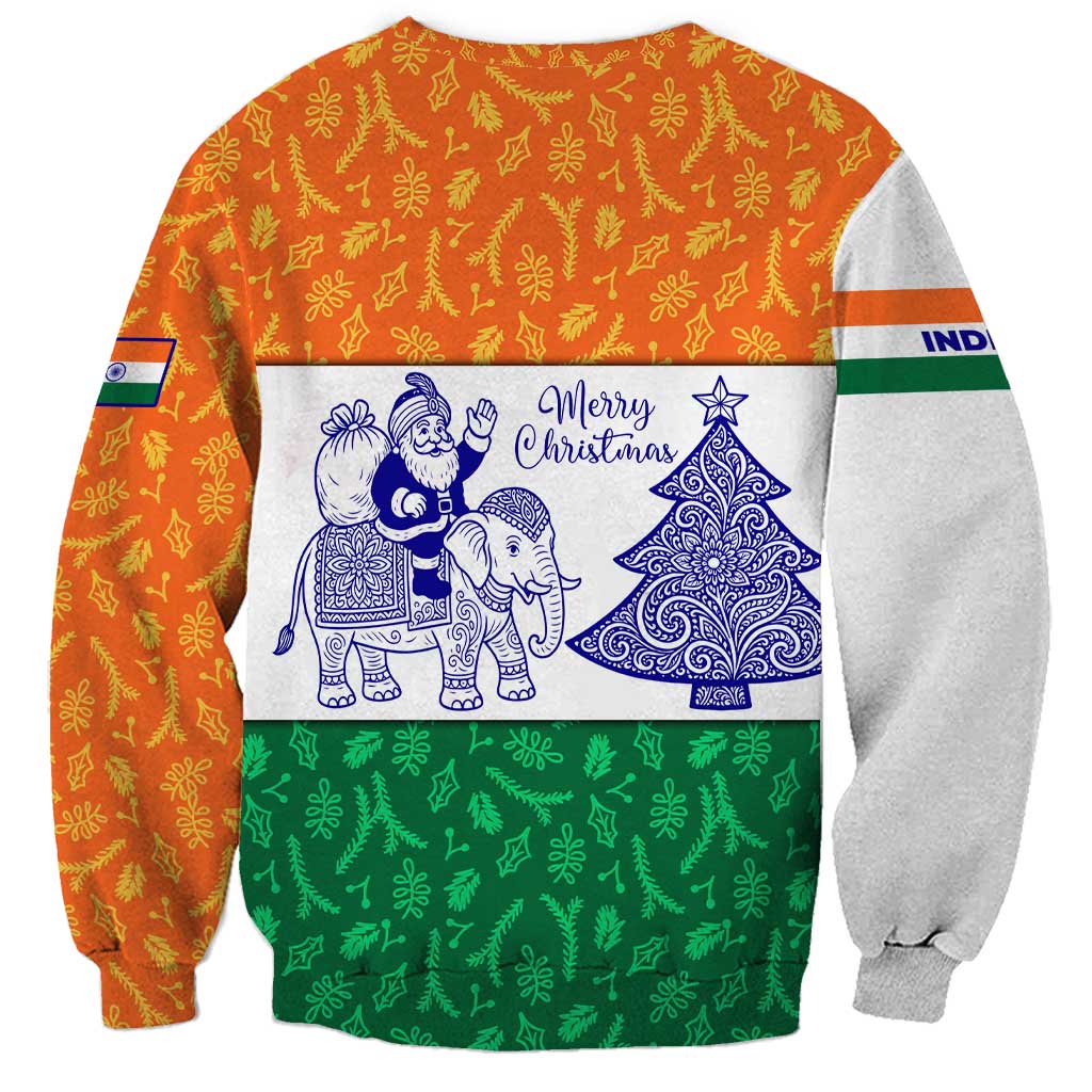 India Christmas Sweatshirt with Elephant Santa Tree Design and Tricolor Holiday Pattern - Wonder Print Shop