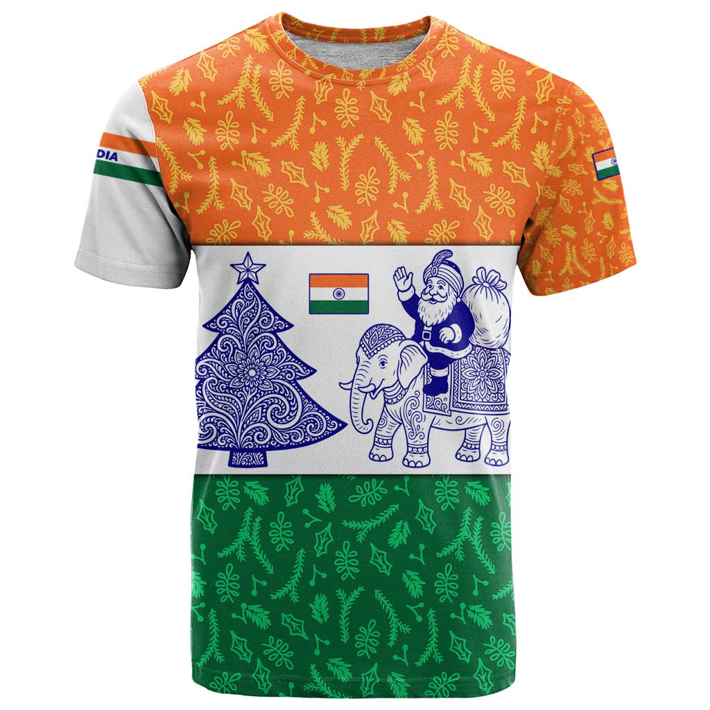 India Christmas T Shirt with Elephant Santa Tree Design and Tricolor Holiday Pattern - Wonder Print Shop