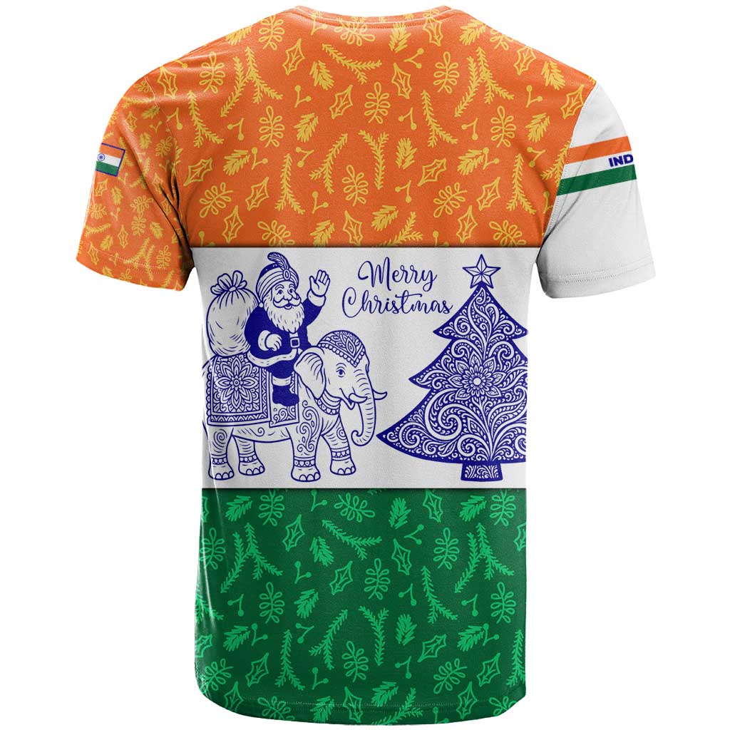 India Christmas T Shirt with Elephant Santa Tree Design and Tricolor Holiday Pattern - Wonder Print Shop
